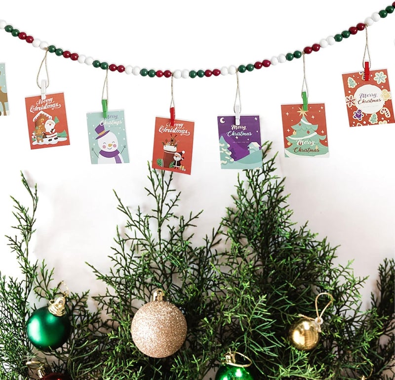 Kintyno 2PCS Christmas Hanging Photo Display with 9 Clips, Wooden Bead Garland, Boho Style Collage Photo Frame Decoration for Dorms, Classrooms, Bedrooms - Image 3